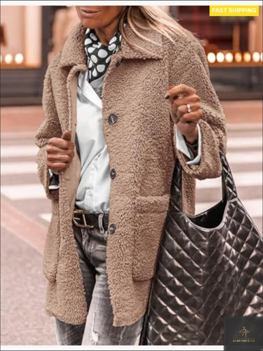 Faux Fur Coat Long Sleeve Lapel Button Down Pockets Sherpa Jacket Winter Trendy - Picture 5 of 7